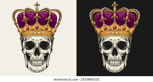 Human skull with imperial crown with red gemstones ruby, pearls, fleur de lis sign on points, purple velvet. Detailed gothic illustration in vintage style. Front view.