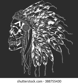 Human Skull With Indian War Bonnet, Vector Illustration