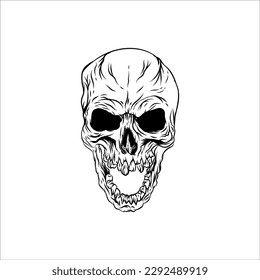 human skull ink, black and white on a white background 