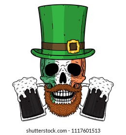 Human skull with Irish flag, green hat and glass beer isolated on white background