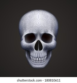 Human skull isolated on black with ornament. Vector illustration
