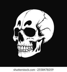 Human skull isolated on black background. Design element for poster, card, banner, t shirt, emblem, sign. Vector illustration