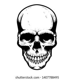 Human skull isolated on white background. Design element for poster, card, banner, t shirt, emblem, sign. Vector illustration