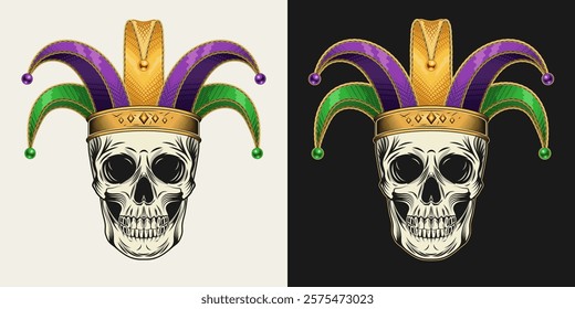 Human skull with jester harlequin hat. Mardi Gras themed detailed illustration in vintage style. Front view.