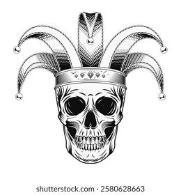 Human skull with jester harlequin hat. Mardi Gras themed detailed monochrome illustration in vintage style. Front view.