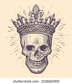 Human skull with king crown. Hand drawn sketch in vintage engraving style. Hand drawn tattoo vector illustration