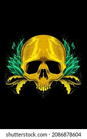 Human skull with leaf and plant artwork illustration