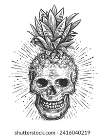 Human skull with leaves. Skeleton head sketch. Hand drawn creative vector illustration