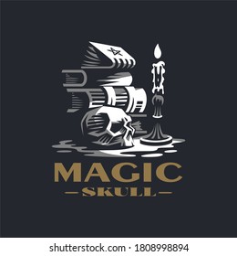The human skull lies on the table. Nearby is a pile of books and a burning candle. Vintage vector illustration.