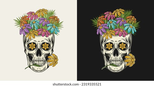 Human skull like cup full of chamomile flowers. Skull holding flower between teeth. Groovy hippie retro style Front view illustration in vintage style.