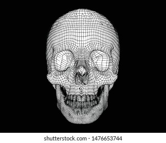 Human skull line art 3D vector wireframe drawing illustration isolated on black background