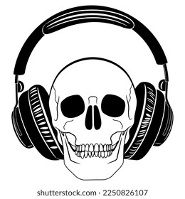 Human skull listening music in headphones. Creative funny concept. Black and white linear silhouette.