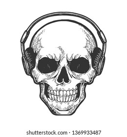 Human skull listens music on headphones sketch engraving vector illustration. Scratch board style imitation. Hand drawn image.