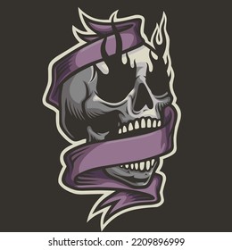 Human skull logo with additional purple ribbon accessories. Vector inspiration. Design element for emblem,tshirt,poster,logo,logo company,logo community. Vector illustration.