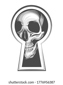 Human Skull Looks Through Keyhole. Vector illustration in tattoo style.