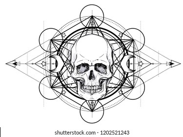 Human Skull and Lotus over Mandala inspired Sacred Geometry. Ayurveda symbol of harmony and balance. Tattoo flesh design, yoga logo. Boho print, poster, t-shirt textile. Isolated vector illustration.