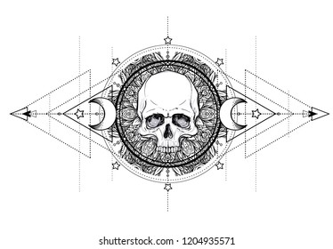 Human Skull and Lotus over Mandala inspired Sacred Geometry. Ayurveda symbol of harmony and balance. Tattoo flesh design, yoga logo. Boho print, poster, t-shirt textile. Isolated vector illustration.