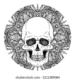 Human Skull and Lotus over Mandala inspired Sacred Geometry. Ayurveda symbol of harmony and balance. Tattoo flesh design, yoga logo. Boho print, poster, t-shirt textile. Isolated vector illustration.