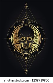 Human Skull and Lotus over Mandala inspired Sacred Geometry. Ayurveda symbol of harmony and balance. Tattoo flesh design, yoga logo. Boho print, poster, t-shirt textile. Isolated vector illustration.
