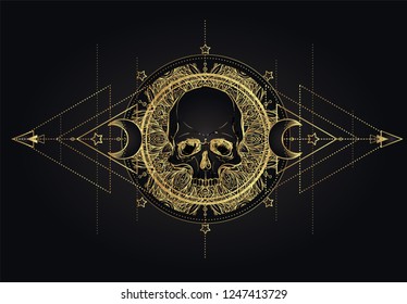 Human Skull and Lotus over Mandala inspired Sacred Geometry. Ayurveda symbol of harmony and balance. Tattoo flesh design, yoga logo. Boho print, poster, t-shirt textile. Isolated vector illustration.
