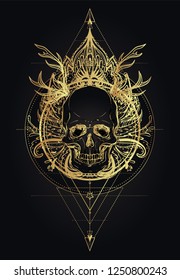 Human Skull and Lotus over Mandala inspired Sacred Geometry. Ayurveda symbol of harmony and balance. Tattoo flesh design, yoga logo. Boho print, poster, t-shirt textile. Isolated vector illustration.
