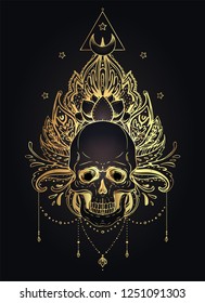 Human Skull and Lotus over Mandala inspired Sacred Geometry. Ayurveda symbol of harmony and balance. Tattoo flesh design, yoga logo. Boho print, poster, t-shirt textile. Isolated vector illustration.

