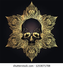 Human Skull and Lotus over Mandala inspired Sacred Geometry. Ayurveda symbol of harmony and balance. Tattoo flesh design, yoga logo. Boho print, poster, t-shirt textile. Isolated vector illustration.

