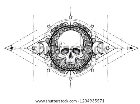 Human Skull and Lotus over Mandala inspired Sacred Geometry. Ayurveda symbol of harmony and balance. Tattoo flesh design, yoga logo. Boho print, poster, t-shirt textile. Isolated vector illustration.