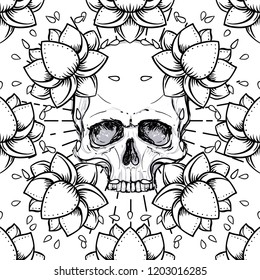 Human Skull and Lotus seamless pattern. Sacred Geometry. Ayurveda symbol of harmony and balance. Tattoo flesh design, yoga logo. Boho print, poster, t-shirt textile. Isolated vector illustration.