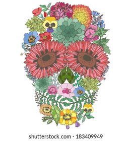 Human skull made ??of flowers. Los muertos. Vector illustration.