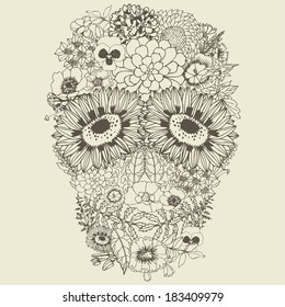 Human skull made of flowers. Los muertos. Vector illustration.