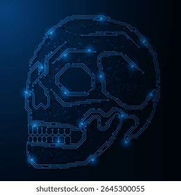 A human skull made in the form of a glowing blue electronic circuit. Dark blue background.