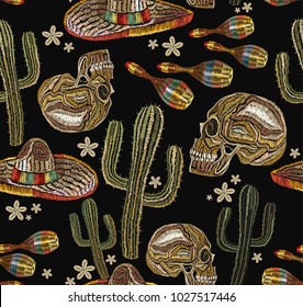 Human skull and maracas, cactus. Classical ethnic embroidery skull, day of the dead pattern. Embroidery mexican culture seamless pattern art. Clothes template, t-shirt design