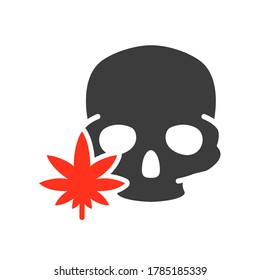 Calavera humana con ícono de color de la hoja de marihuana. Tratamiento con cannabis, símbolo de anestesia