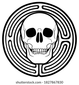 Human skull in maze or labyrinth. Creative concept. Philosophical symbol. Black and white silhouette.