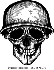 Human skull in metal helmet. Soldier tattoo engraving