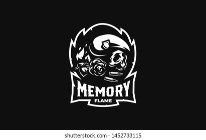 Human skull in a military beret, flame, bullets and flower . Vector illustration.