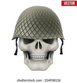 Human skull with Military classic helmet green color. Vector Illustration on isolated white background