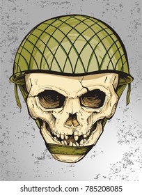 human skull in the military helmet. Graphic Art. Vector Illustration.