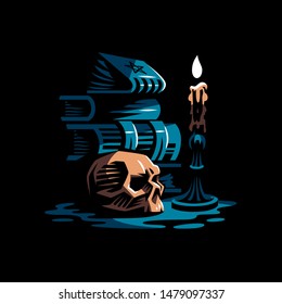 Human skull in a minimalistic style. Ancient magic books, a burning candle in a candlestick. Vector illustration.