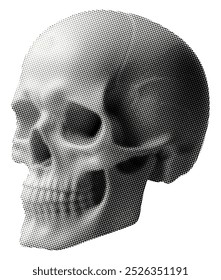 human skull model isolated on white background retro grunge halftone dotted effect vintage cut-out dots collage element for halloween mixed media design