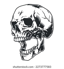 Human skull monochrome detailed label with dead man head with cracked nape and open mouth vector illustration