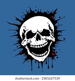 Human Skull with Mouth Open in Hideous Grin. Vector illustration isolated on blue.