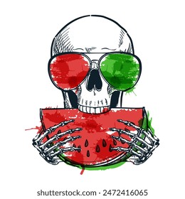 Human skull in multicolor sunglasses eats watermelon. Vector hand drawn watercolor sketch illustration isolated on white background. Holiday graphic print, banner, poster, greeting card design element