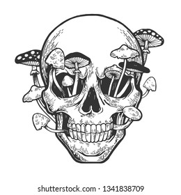 Human skull   mushroom sprouted sketch engraving vector illustration  Scratch board style imitation  Hand drawn image 