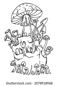 Human skull and mushroom sprouted sketch engraving vector illustration. Tattoo and t-shirt design skull mushroom wngraving style black and white. Scratch board style imitation. Hand drawn image.