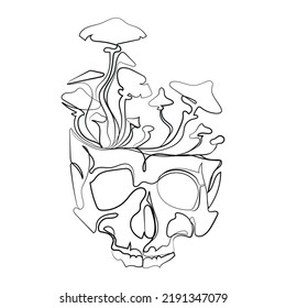 Human skull and mushroom sprouted sketch Line drawing vector illustration.Skull abstract art,hand drawn image.Creative design for emblem,print,logo,sign,tattoo idea.Minimal art design