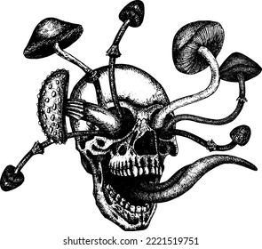 A human skull with mushrooms growing from its eye sockets and a protruding tongue. Hand drawing for a tattoo, an art. Horror, death, rock