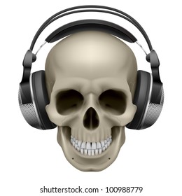 Human skull with music headphones. Illustration on white