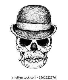 Human skull with mustache hand drawn illustration. Hat on the skull. Tattoo vintage print. Retro skull sketch illustration. Vector print. Engraved style.
